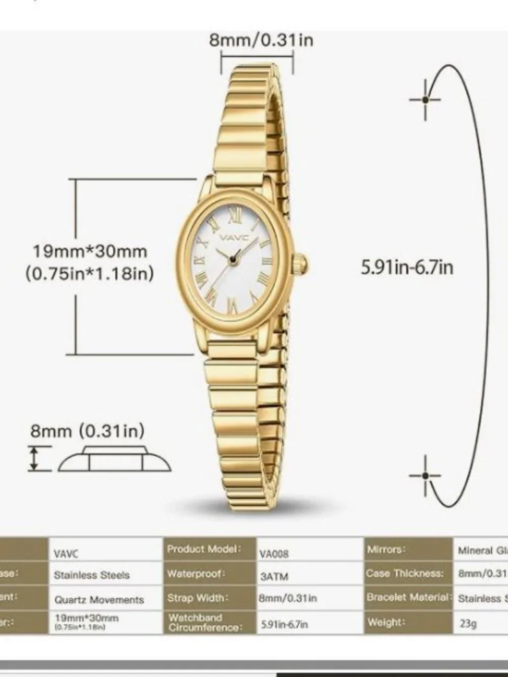 Women’s Gold Oval Watch Roman Dial Stainless Steel Expansion Band